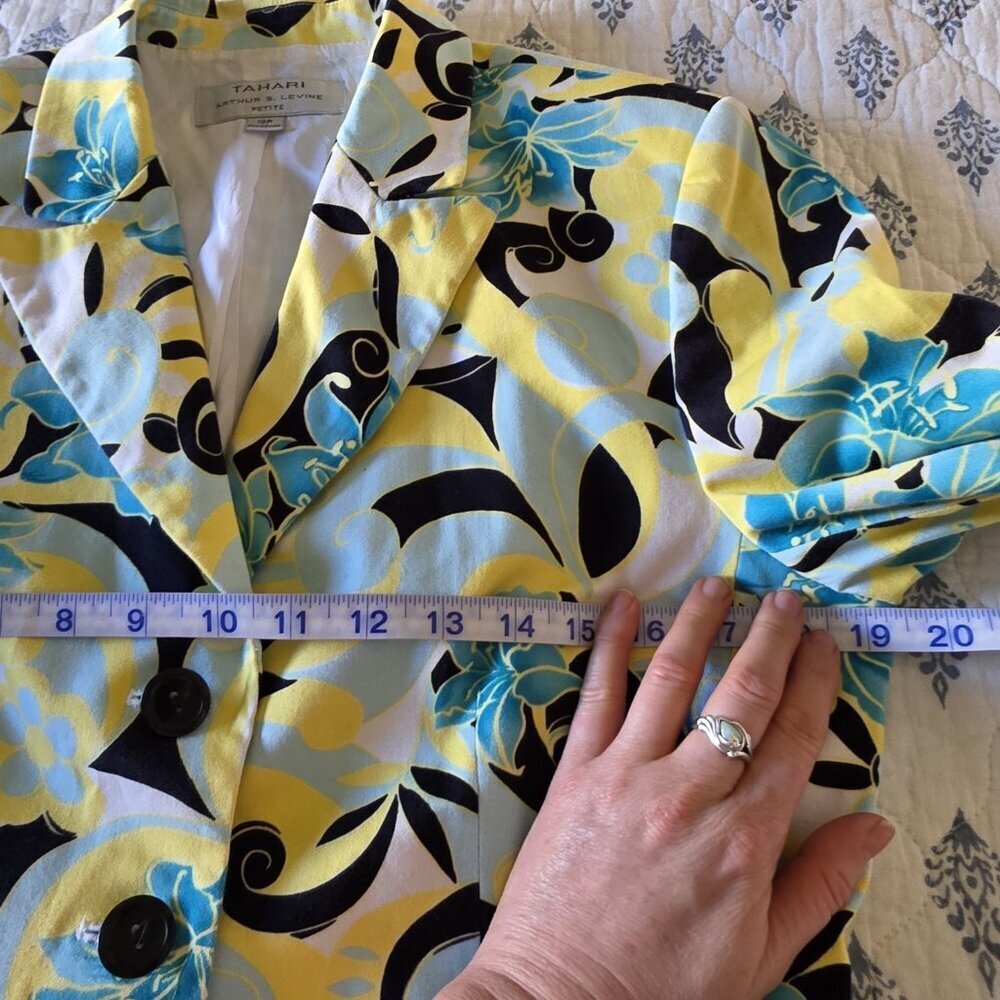 Tahari Arthur S. Levine Vintage Floral Blazer 12P Blue Yellow Botanical Cotton - Picture 11 of 16